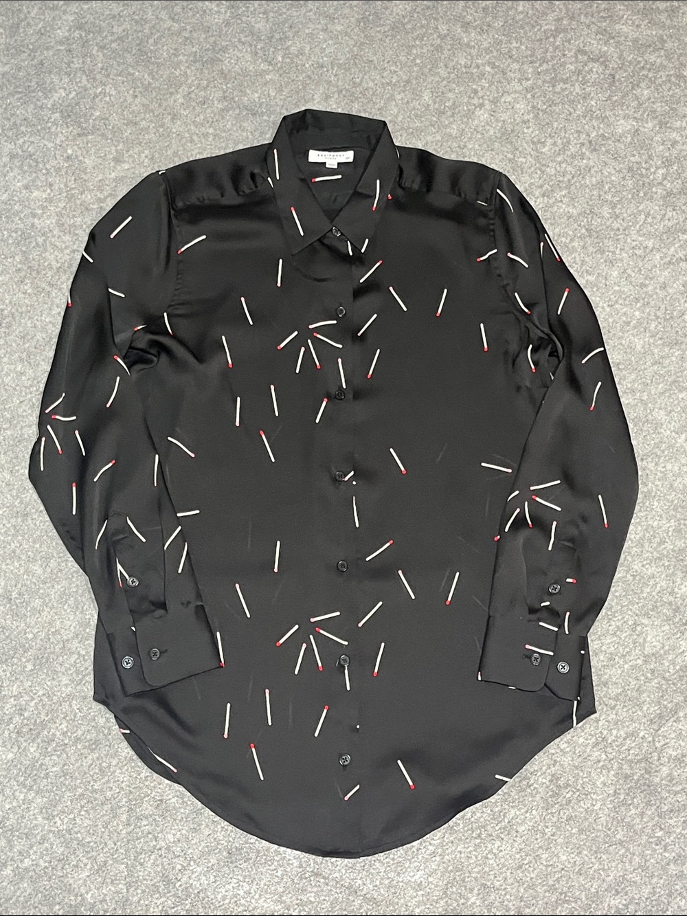 Equipment Black Button-Up Shirt with Red and White Matchstick Print